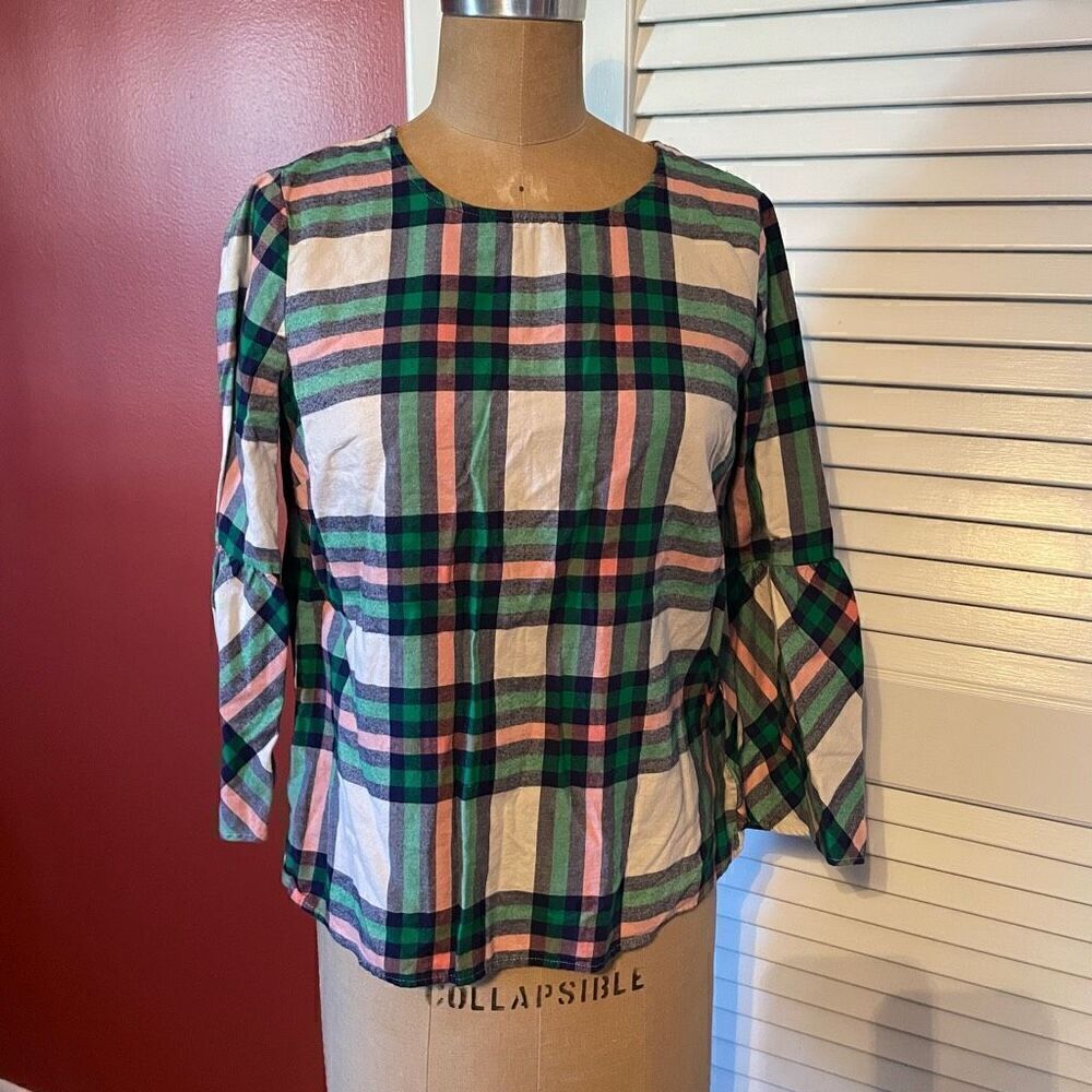 J CREW MERCANTILE | pink green white bell sleeve top 2